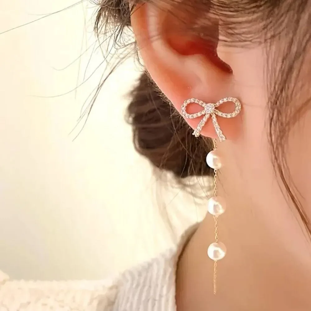 Elegant Vintage Bow Pearl Tassel Stud Earrings